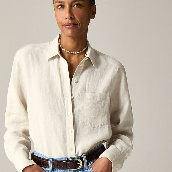 J Crew Beige Tall Garçon Classic Shirt In Baird McNutt Irish Linen Womens Size 8 - Picture 1 of 5